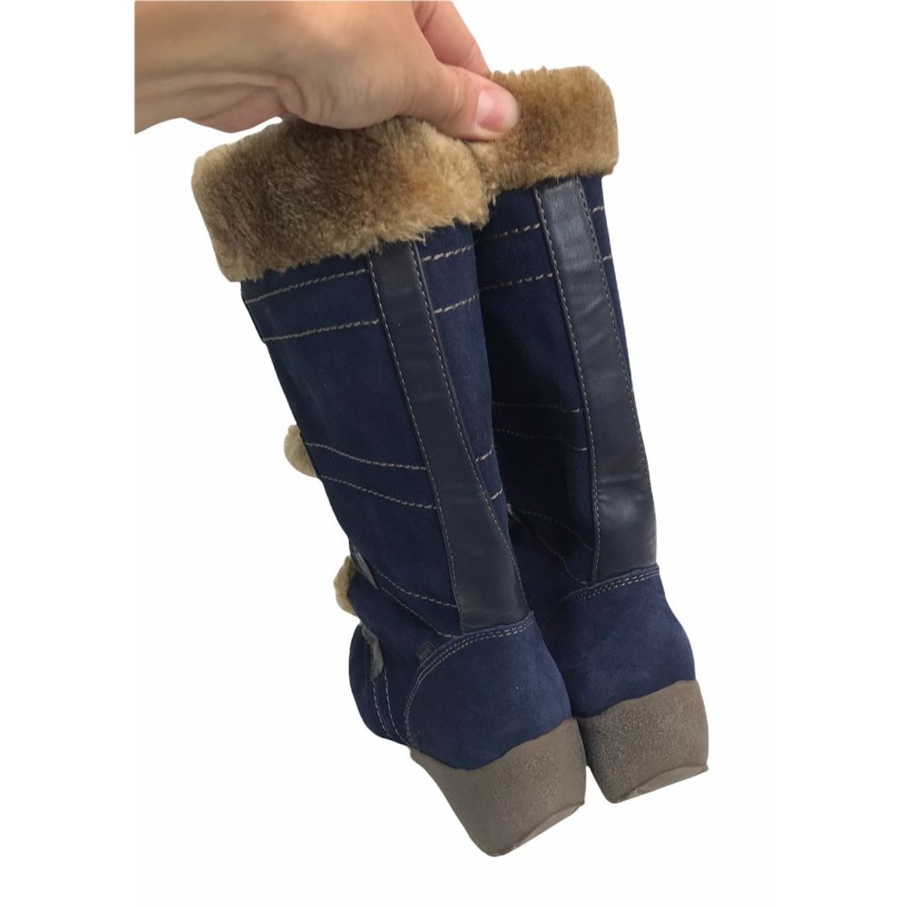 Sporto Waterproof Suede Fur Trim Tall Boots 6.5 Pom Pom Lace Up - Picture 7 of 12
